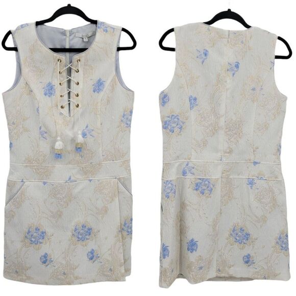 Badgley Mischka Dress Jacquard Sleeveless Mini Dress Lace Up Neck White Sz 8 - Picture 1 of 13